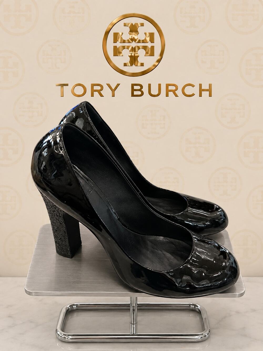 Tory Burch Colin Pump Black Patent Leather Block Heel Size 8